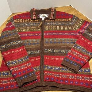 Vintage Tiara International Red & Brown zip Front Collared Sweater Women’s Lg